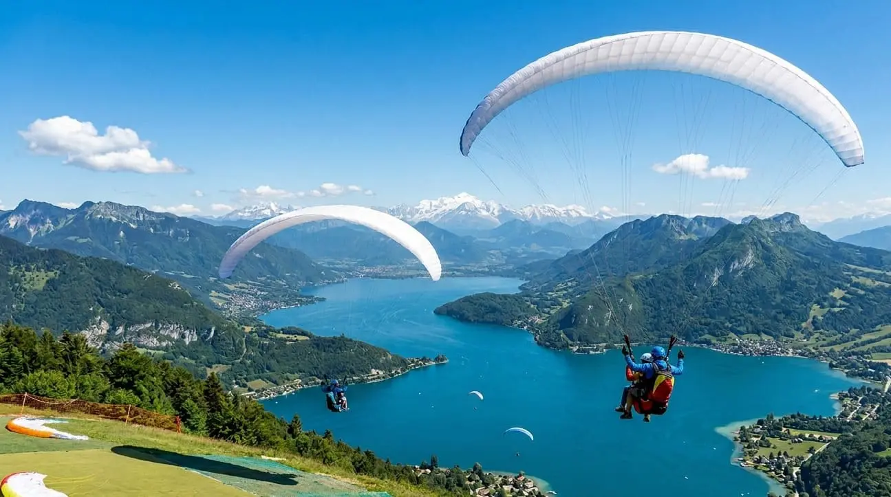 Vol en parapente biplace au Semnoz avec vue panoramique sur le lac d'Annecy et le Mont-Blanc